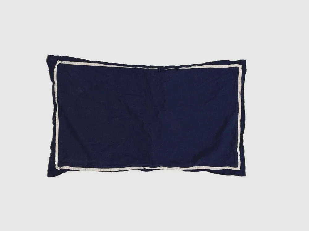 Pair of Linen Cotton Pillowcases King Size Navy Blue White Hotel Border Shams
